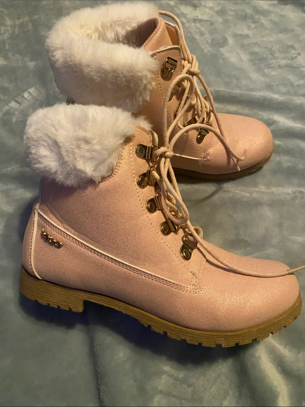 Bebe Women’s Pink Faux-Fur Lace-Up Ankle Boots